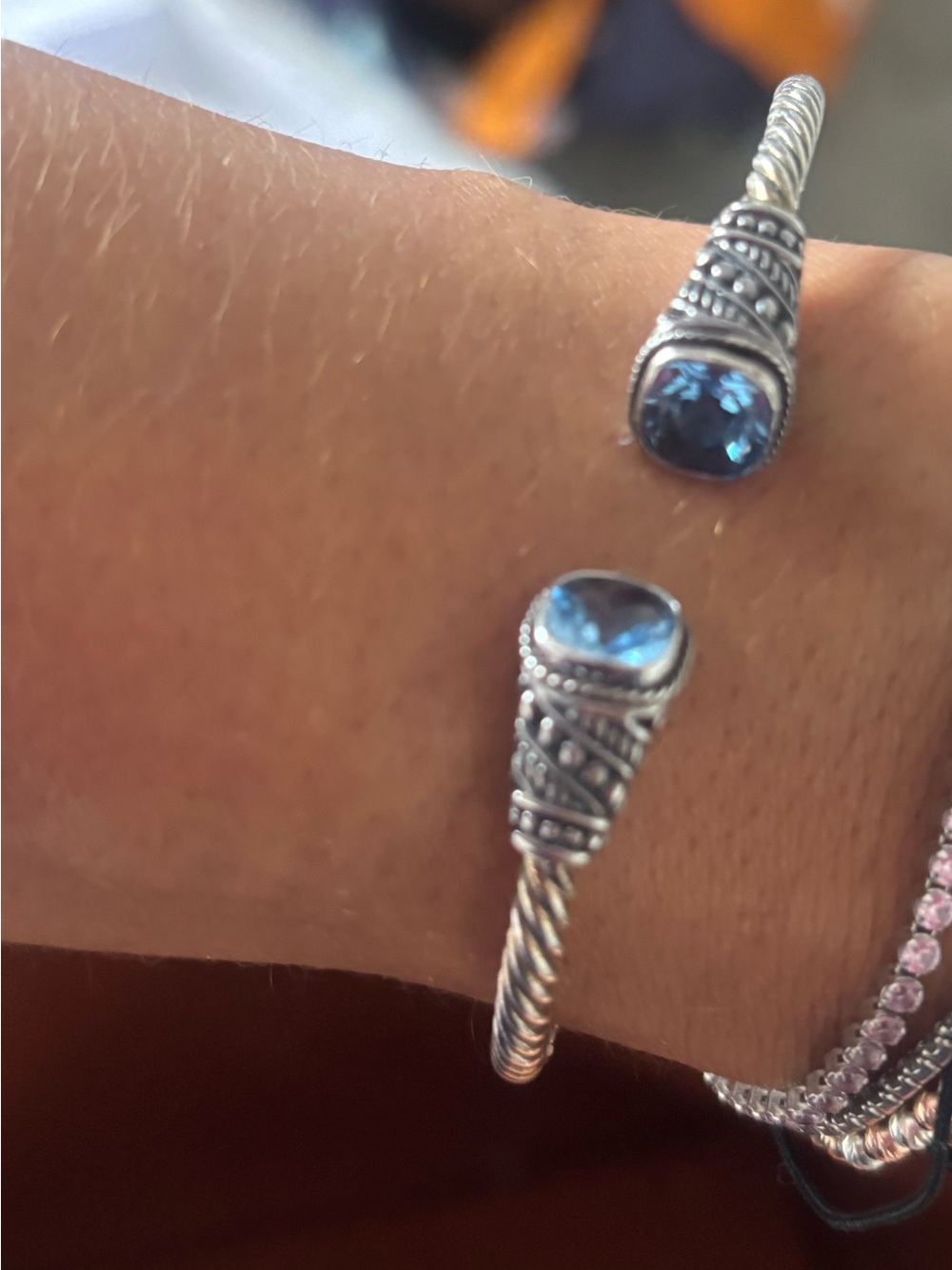 Silver and Blue Gemstone Open Cuff Bracelet - Picture 5 of 6